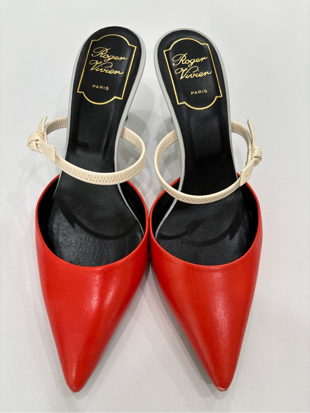Roger Vivier Red Pointed-Toe Mules with Cream Strap